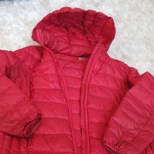 Red puffer jacket